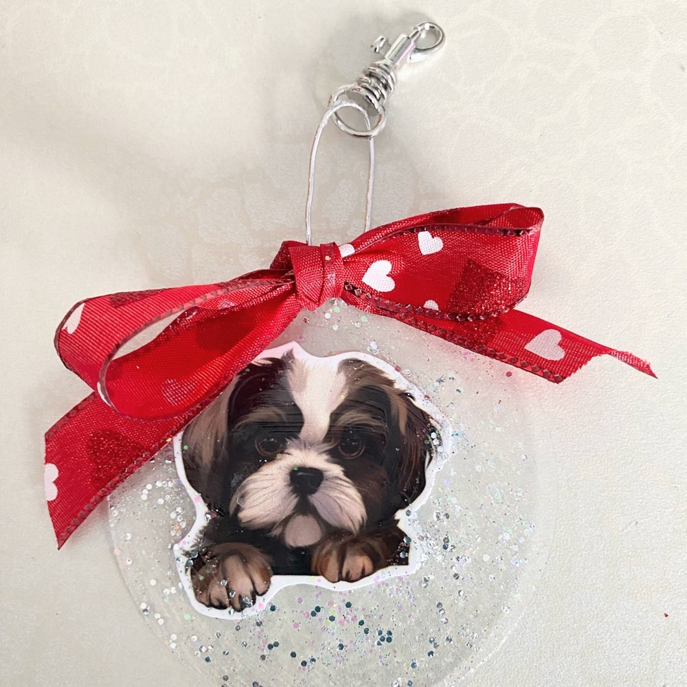 Cute Shih Tsu Puppy Glitter Ornament with Red Heart Bow